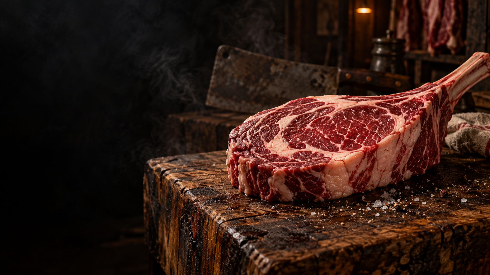 Prime ribeye on a butcher block
